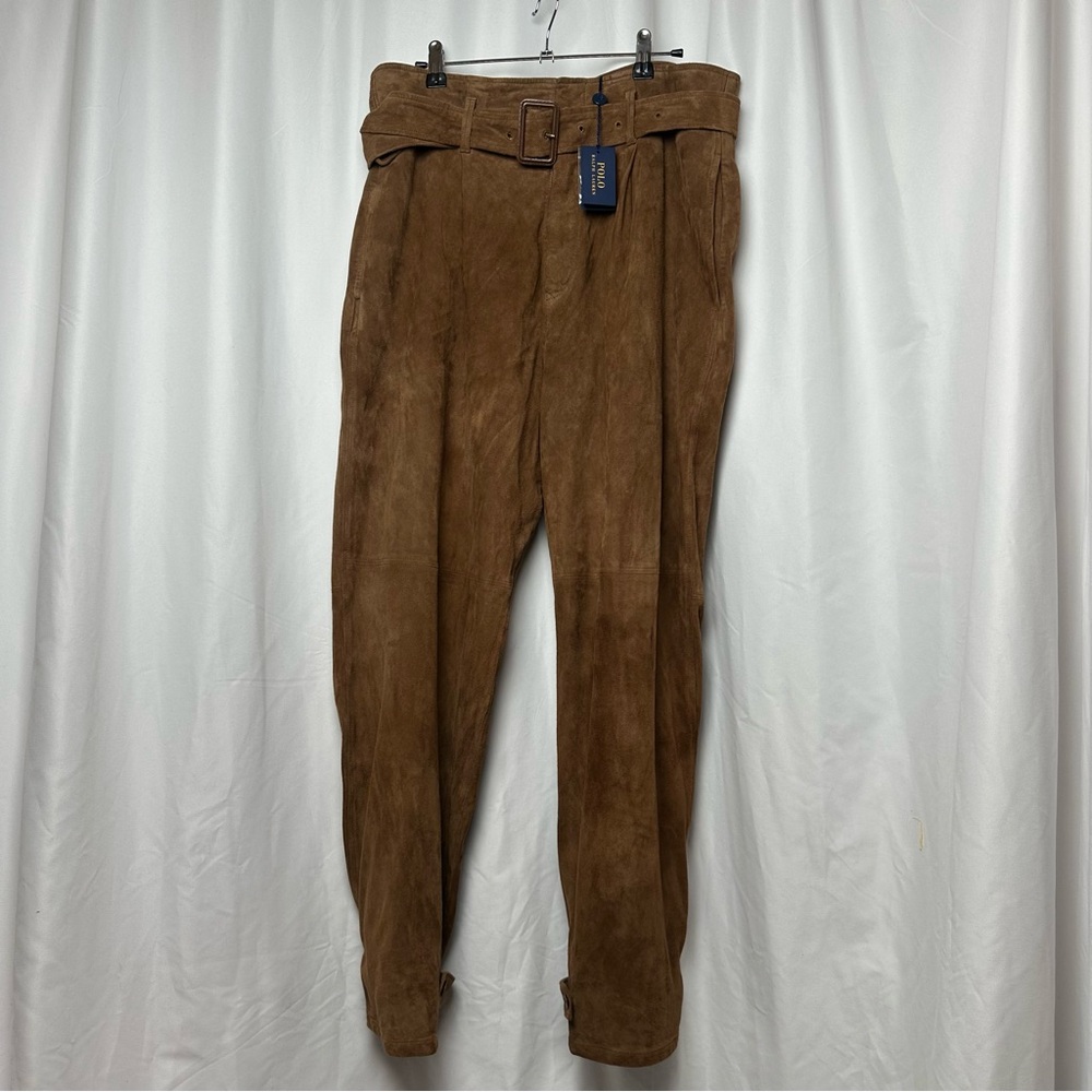 Ralph Lauren Suede Pants Size 8 NWT Brown High Waist Belted Pleated